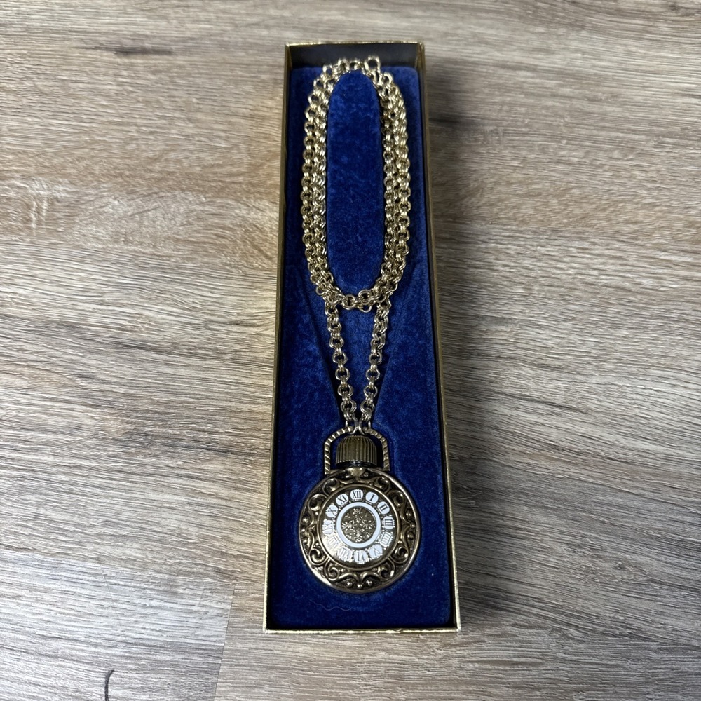 VTG‎ AVON MOONWIND ENAMEL POCKET WATCH CLOCK NECKLACE PENDANT PERFUME BOTTLE